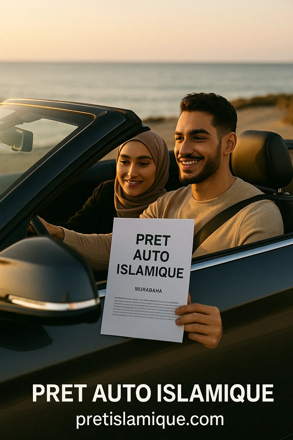 Couple dans une voiture avec un document portant la mention prêt auto islamique