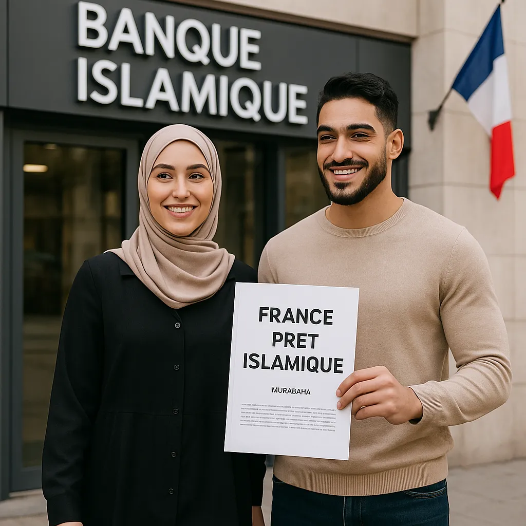 Couple avec un dossier immobilier devant une enseigne bancaire et un drapeau français