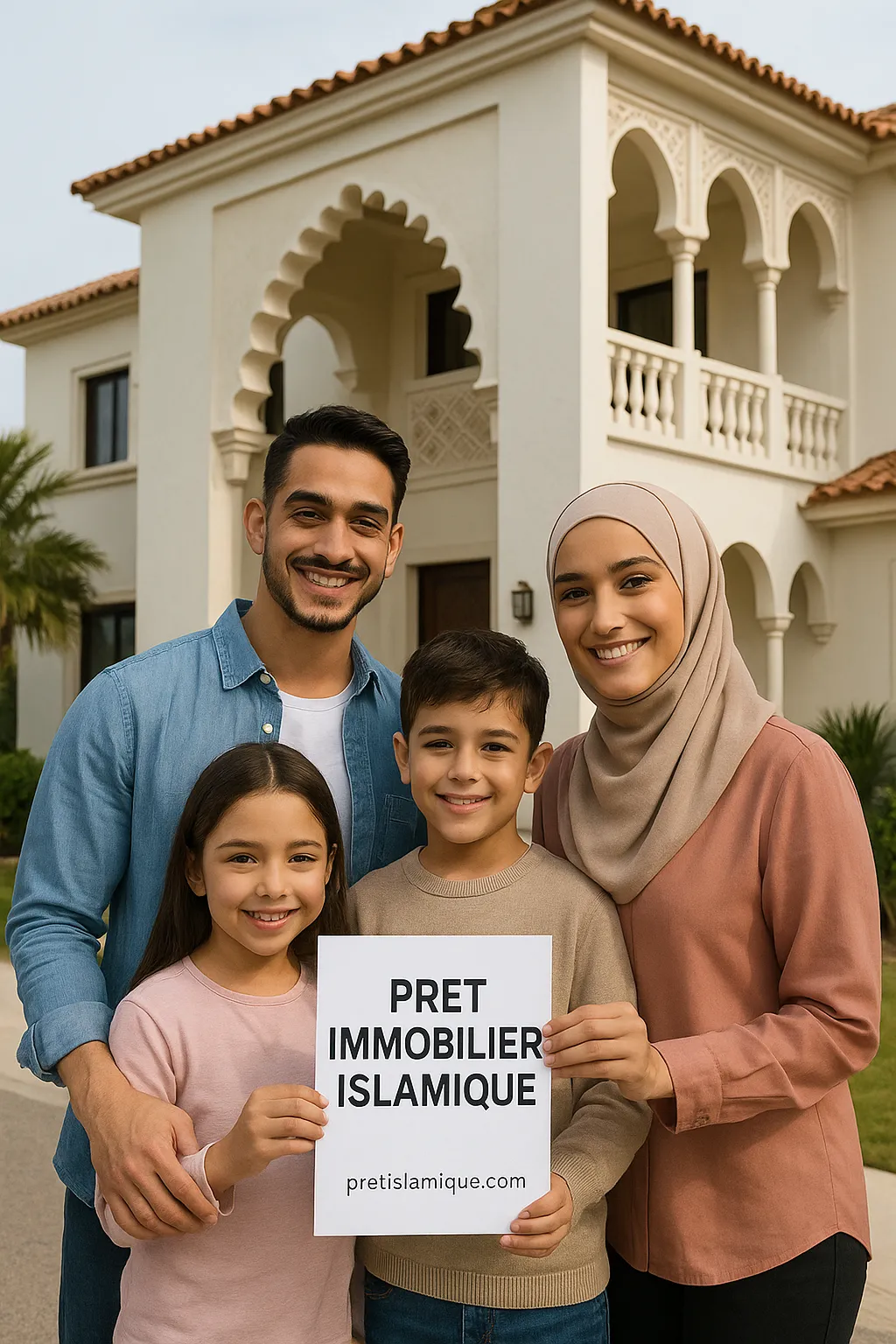 Gezin voor een woning, illustratie van islamitische vastgoedfinanciering