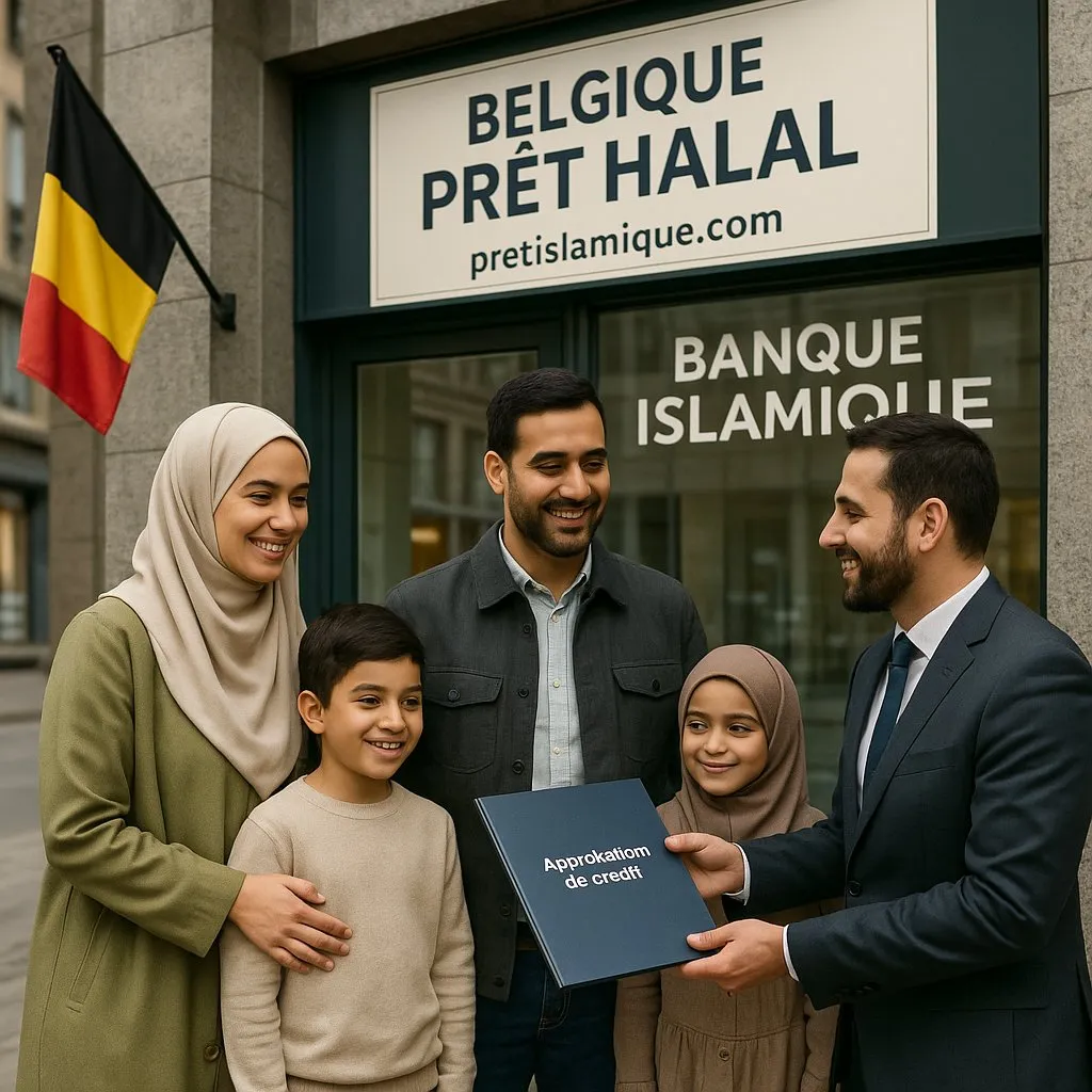 Gezin bij een bankgevel met Belgische vlag, illustratie over halalfinanciering