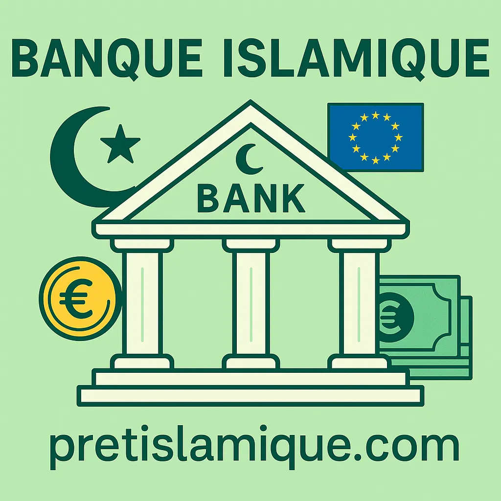 Illustration d’une banque avec un croissant et des symboles monétaires