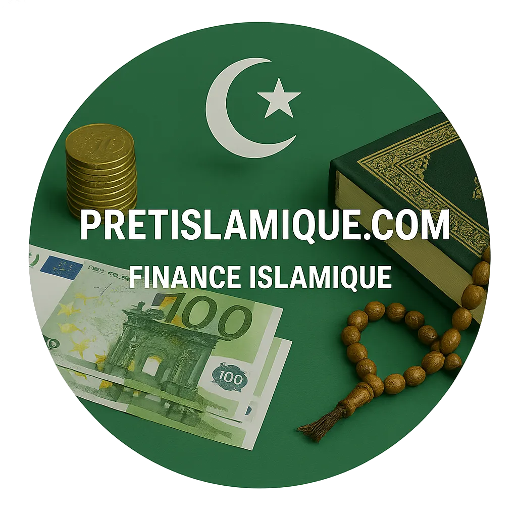Emblème de finance islamique avec livre, pièces et croissant sur fond vert